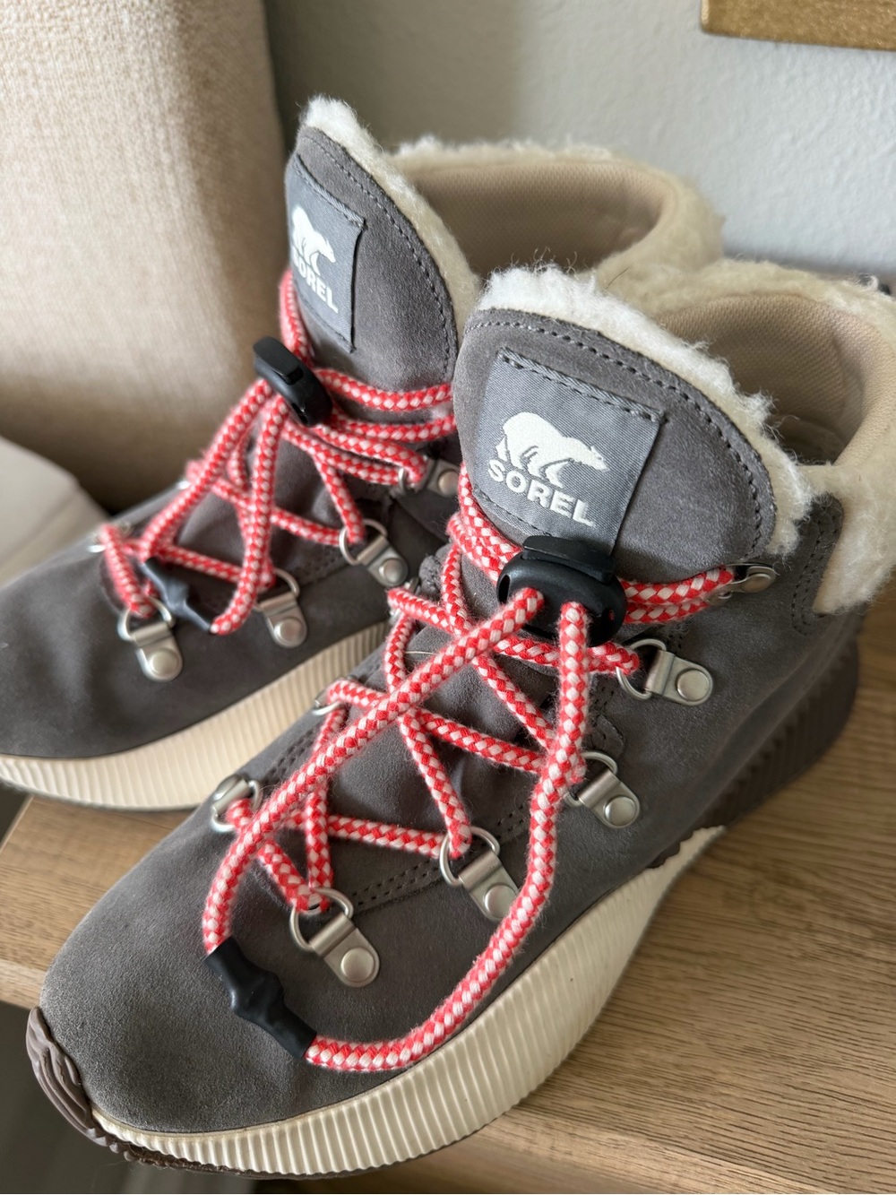 Sorel Kids Gray Suede Winter Boots with Coral Red Laces